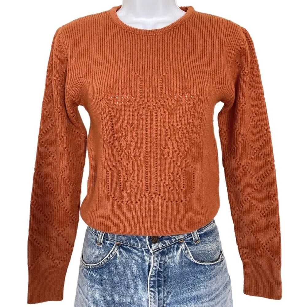 Vintage 70s Butterfly Burnt Orange Boho Cottage Retro Hippie Knit Sweater Size S